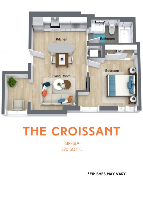 A floor plan of a one bedroom apartment with a living room, kitchen and bathroom.